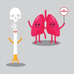 Cartoon-style vector of angry lungs protesting a smoking cigarette emitting skull-shaped smoke. A bold anti-smoking illustration with clear health symbolism