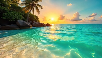 Tropical beach with palm trees and turquoise water at sunset creating a serene paradise scene