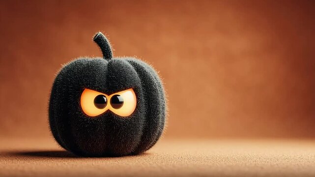 Cute Black Halloween Pumpkin with Glowing Eyes on Brown Background