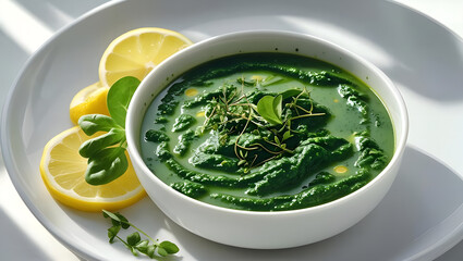A fresh bowl of green spinach soup with garnish, placed on a white plate with lemon slices and herbs