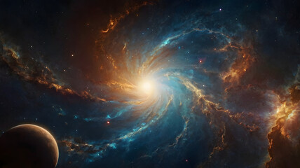 Obraz premium Vibrant cosmic nebula with distant planet and bright star