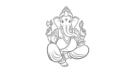 Refined monochrome line drawing of Lord Ganesha seated on a lotus in blessing posture with crown and ornaments. A sacred, versatile graphic