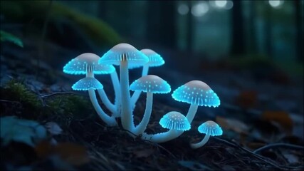 Macro shot of glowing bioluminescent fungi on forest floor at night, ethereal organic light pulsing gently - Powered by Adobe