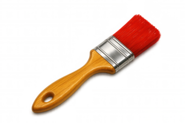New red paintbrush with wooden handle isolated on transparent background, ready for painting and creative projects