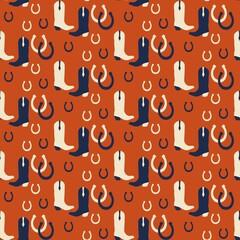 Seamless pattern with cowboy boots and horseshoes Cowboy objects