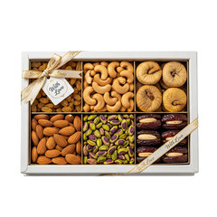 Gifting box of assorted Indian dry fruits featuring nuts and dried fruits on a white background