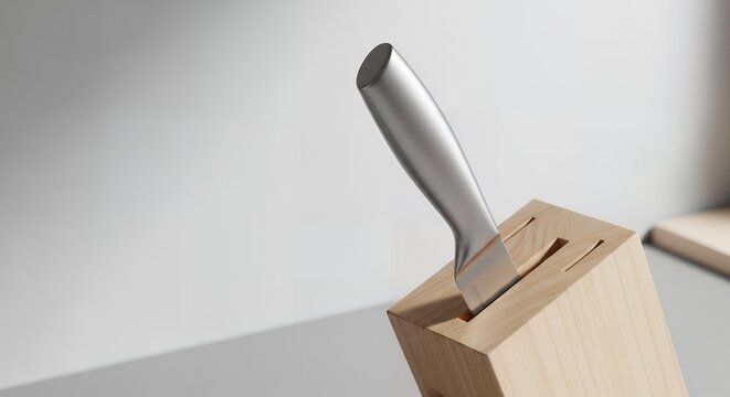 Inserting a generic kitchen knife into a wooden block, safety concept.