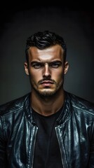 Fototapeta premium Close-up portrait of a man wearing a black leather jacket.