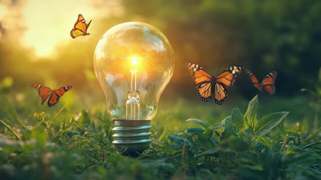 Glowing light bulb illuminates butterflies flitting around it, symbolizing life and energy.