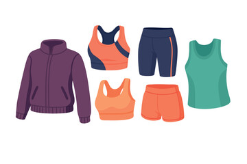 Vector flat illustration of sportswear set including jacket, tops, shorts and leggings for training.