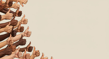 Many hands with diverse skin tones enthusiastically giving thumbs up gestures, symbolizing widespread approval, agreement, and positive feedback, representing a strong collective show of support