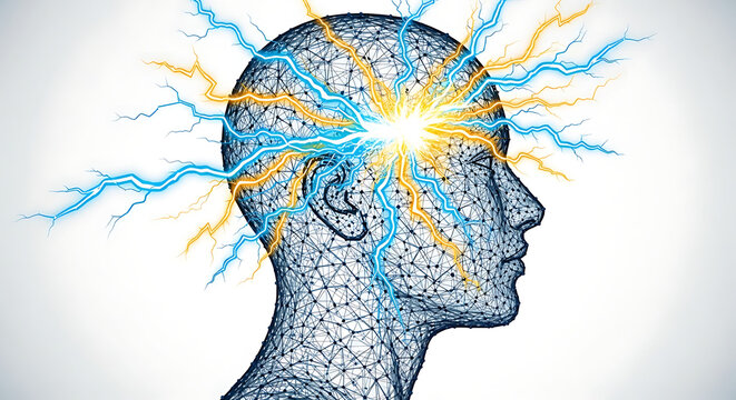 Abstract profile of a wireframe head with blue and yellow electrical energy exploding from the brain.