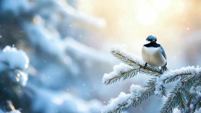 A winter scene featuring a blue jay perched on snow-covered birch branches.