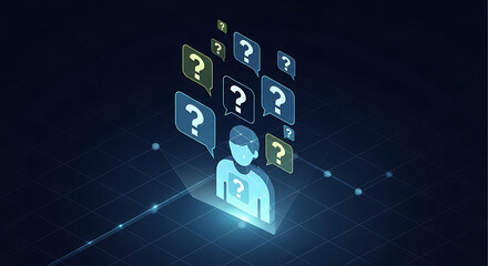 A glowing digital avatar surrounded by speech bubbles with question marks, symbolizing questions and online support.