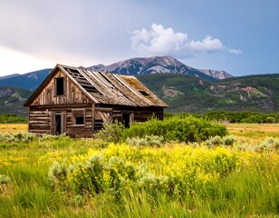 Obraz premium Rustic cabin in a meadow, mountains in the background
