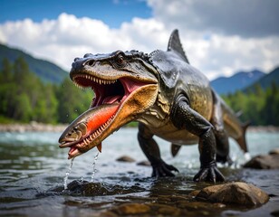 Prehistoric predator emerging from water with prey