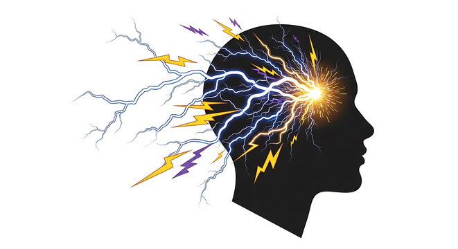 A silhouette of a human head with colorful lightning bolts exploding from the brain, symbolizing a migraine, stroke, or a powerful brainstorm. - Powered by Adobe