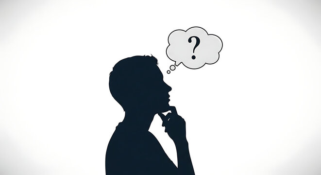 Silhouette of a person in profile with a hand on their chin, thinking with a question mark in a thought bubble.