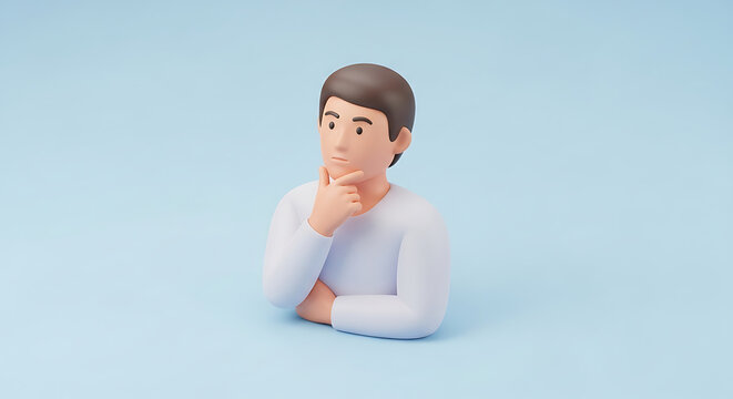 A 3D cartoon character of a young man in a white sweater thinking deeply with his hand on his chin against a light blue background.