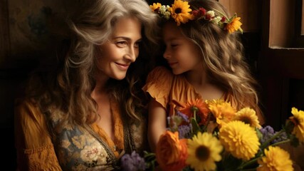 Mother and daughter smiling at a bouquet of autumnal flowers, sharing a tender moment.