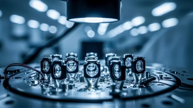 Precision alignment of nanooptic lenses in a deepspace laser transmitter during the final stages of production under magnification.
