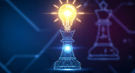 A glowing lightbulb on a digital wireframe chess queen symbolizes strategic innovation and bright ideas.