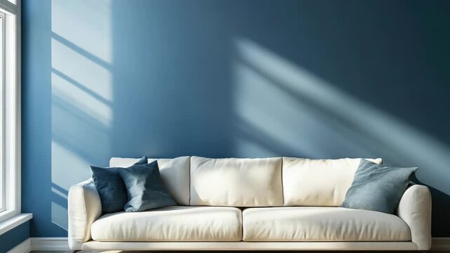 This  features a modern living room setting with a clean, minimalist design. The focal point is a large, textured couch in neutral tones bathed in soft sunlight filtering through the window.