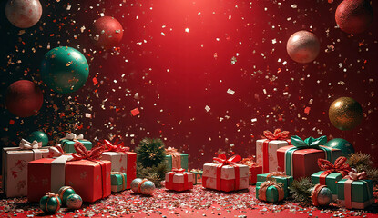 Red themed Christmas gift box and Christmas background image. Background material. Winter. Gifts. Presents. Celebrate.