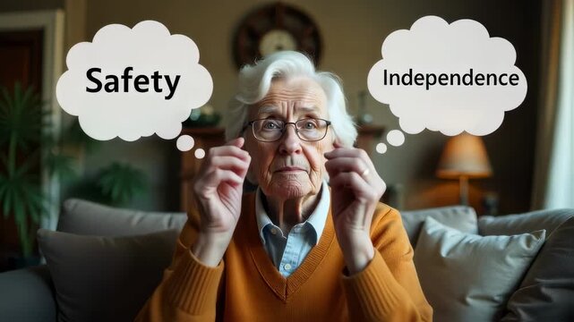 A concerned senior person in a cozy home weighing the pros and cons of assisted living versus independent living surrounded by thought bubbles depicting safety and independence.