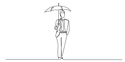 Continuous line illustration of businessman holding umbrella, minimalist one line drawing symbolizing protection, financial security, insurance, risk management, business safety, and stability