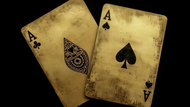 Two old playing cards, one with the Ace of Spades and the other with the Ace, are placed on top of each other. The cards have a vintage appearance, suggesting they may be from a bygone era
