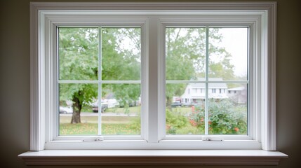 Window with potted plants on sill overlooking forest view