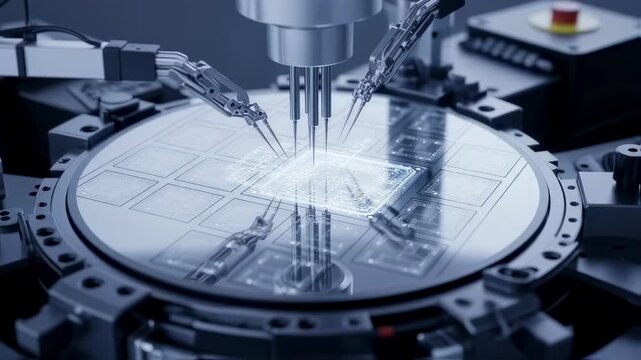 Topdown of photonic integrated circuit wafer prober showing circular silicon wafer with aligned probe needles for light path testing.