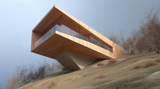 Modern cantilevered house on hillside