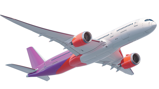 Commercial passenger airplane in flight, isolated on transparent background