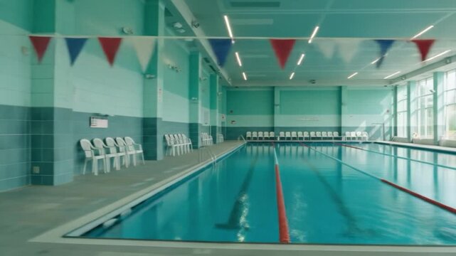 Swimming pool interior view with turquoise water sport and recreation facility ready for exercise
