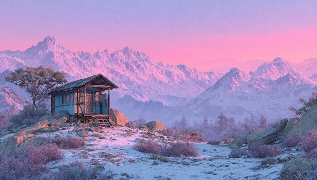 Pastel-toned mountain hut at dawn - Powered by Adobe