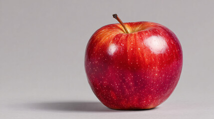 close-up of one shiny ripe red apple with sharp skin details, placed on matte light grey background, minimal composition with lots of negative space