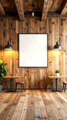 Rustic cafe interior with blank poster