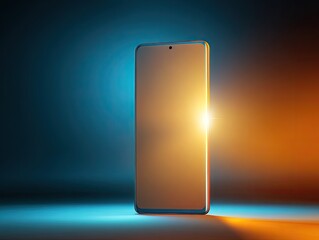 Cellphone centered bathed in split cyanorange light highlighting its glossy screen