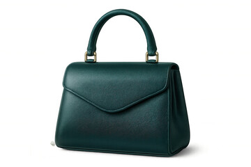 Stylish green leather handbag with gold details isolated on a transparent background, perfect for showcasing luxury and fashion