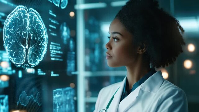 A young African American woman wearing a lab coat, standing in front of a backdrop of scientific s with a look of concentration and insight.