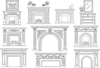 Fototapeta premium Collection of detailed architectural line drawings showcasing ornate vintage fireplaces and mantels with decorative elements and classic designs