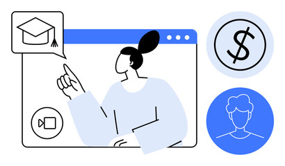 Woman interacting with virtual screen displaying graduation cap, dollar sign, and user avatar icon. Ideal for online learning, financial education, career growth, investment, e-learning, teaching