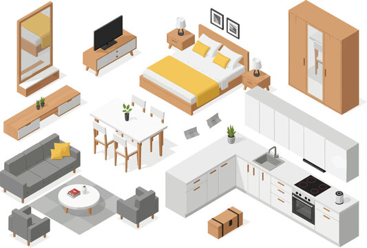 Isometric collection of modern furniture for living room bedroom and kitchen in a stylish apartment interior design