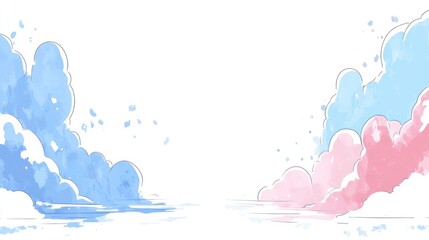 A serene illustration of blue and pink clouds against a white background, evoking calmness.
