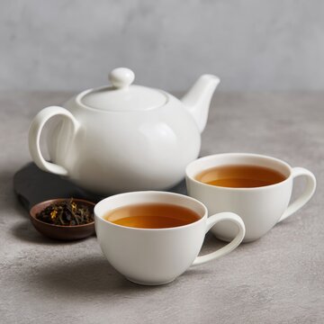 Elegant white porcelain teapot and two matching cups filled with tea on a neutral surface with a small dish of loose tea leaves for a cozy tea time setting