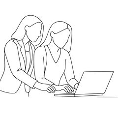 Business Women Collaborating on a Laptop in Minimalist Line Art
