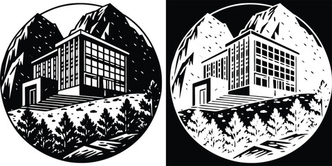 Modern architecture building nestled amidst majestic mountain scenery, capturing a harmonious blend of nature and design. © merry