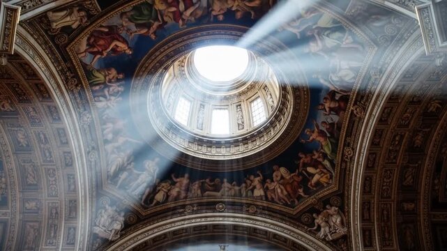 Captivating interior view of a historic dome with intricate artwork and radiant sunbeams